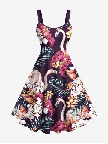 Plus Size Tropical Leaf Hibiscus Flower Flamingo Print Hawaii A Line Tank Dress - PURPLE - XXS