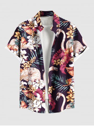 Plus Size Tropical Leaf Hibiscus Flower Flamingo Print Hawaii Button Pocket Shirt For Men - BLACK - M