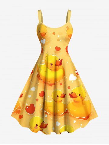 Plus Size Ducks Heart Print Hawaii Tank Dress - YELLOW - XXS