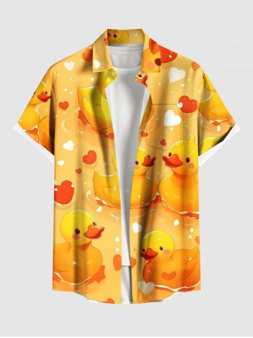 Plus Size Ducks Heart Print Buttons Pocket Hawaii Shirt For Men - YELLOW - 2XL