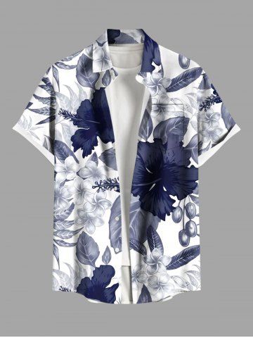 Plus Size Hibiscus Flowers Leaf Print Buttons Pocket Hawaii Shirt For Men - WHITE - 2XL