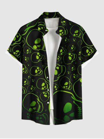 Plus Size Skull Print Halloween Button Pocket Shirt For Men - BLACK - M