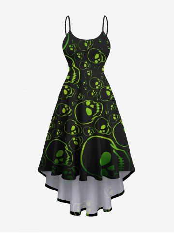 Plus Size Skull Print Halloween High Low Asymmetric Cami Dress - BLACK - XXS