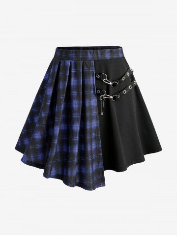 Plus Size Plaid Patchwork PU Leather Stripes Grommets Asymmetrical Skirt - DEEP BLUE - 2X | US 18-20