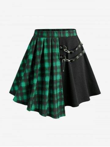 Plus Size Plaid Patchwork PU Leather Stripes Grommets Asymmetrical Skirt - GREEN - 2X | US 18-20