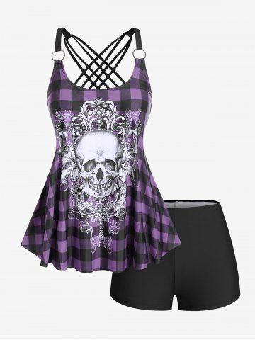 Gothic Skull Plaid Padded Boyleg Strappy Modest Tankini Swimsuit - PURPLE - 3X | US 22-24