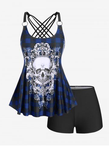 Maillot de bain tankini à carreaux gothiques et têtes de mort, rembourré, shorty, bretelles, modeste, style bouffant. - DEEP BLUE - L | US 12