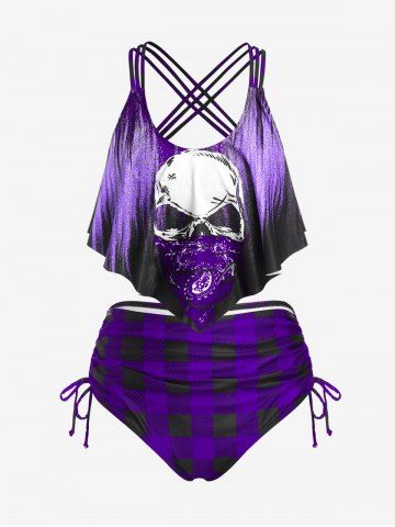 Plus Size Gothic Skull Checkerboard Strappy Cinched Ruched Overlay Tankini Swimsuit - CONCORD - 3X