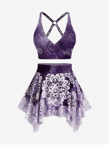 Plus Size Ethnic Printed Ombre O-ring Padded Three Piece Skirt Tankini Swimsuit - CONCORD - M | US 10