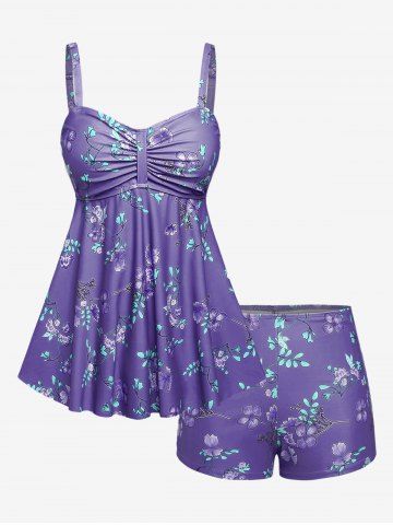 Maillot de bain tankini grande taille à imprimé floral et feuilles froncées, jambes courtes. - CONCORD - M | US 10