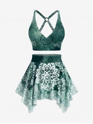 Plus Size Ethnic Printed Ombre O-ring Padded Three Piece Skirt Tankini Swimsuit - DEEP GREEN - 1X | US 14-16