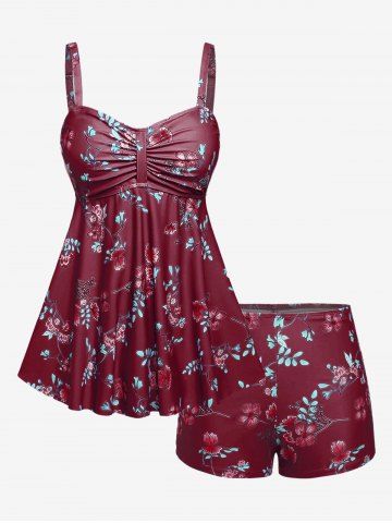 Plus Size Ruched Flower Leaves Print Boyleg Tankini Swimsuit - RED WINE - 3X | US 22-24