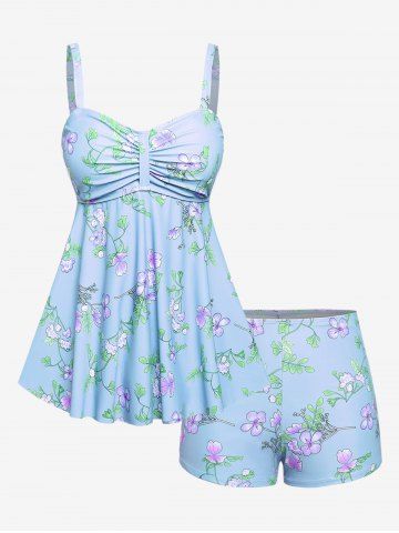 Plus Size Ruched Flower Leaves Print Boyleg Tankini Swimsuit - LIGHT BLUE - L | US 12