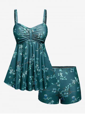 Plus Size Ruched Flower Leaves Print Boyleg Tankini Swimsuit - DEEP GREEN - 3X | US 22-24