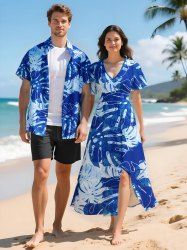 Tropical Leaf Print Plus Size Matching Hawaii Beach Outfit For Couples -  