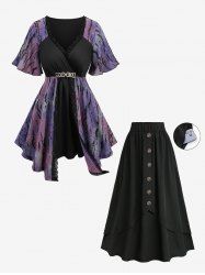 Tie Dye Ombre Jacquard Surplice Buckle Belted Top and Mock Button Layered Pocket A Line Skirt Plus Size Outfit -  