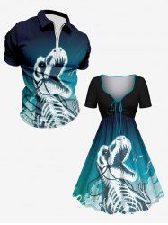 Dinosaur Skeleton Ombre Sky Print Plus Size Matching Outfit For Couples -  