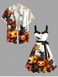 Tenue assortie grande taille pour couples, motif citrouille, fantôme, chauve-souris, feuille d'érable, imprimé - Blanc 
