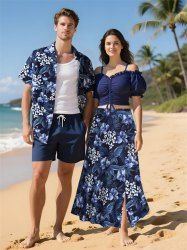 Flowers Leaf Tropical Print Plus Size Matching Hawaii Beach Outfit For Couples -  