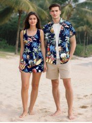 Matching Hawaii Shirt and Romper Plus Size Beach Outfit Coconut Tree Hibiscus Flower Beer Shell Print For Couples -  