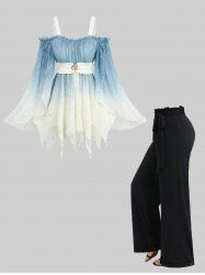 Hot Stamping Ombre Print Cold Shoulder Flare Sleeves Blouse and Ruffles Waist Wide Leg Pants Plus Size Outfit -  