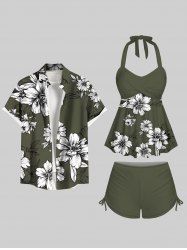 Tenue de plage hawaïenne assortie grande taille à imprimé fleurs et feuilles pour couples - Vert Armée  