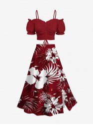 Hibiscus Flower Tropical Leaf Print Plus Size Hawaii Matching Set -  