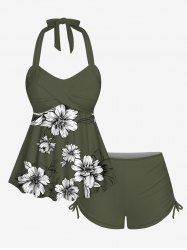 Ensemble tankini hawaïen grande taille à imprimé fleurs et feuilles, dos nu, froncé, cintré, coupe garçonne - Vert Armée  XS
