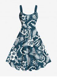 Robe débardeur hawaïenne grande taille à imprimé feuilles tropicales et fleurs d'hibiscus - Bleu Marine XXS