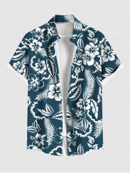 Plus Size Hibiscus Flowers Tropical Leaf Print Buttons Pocket Hawaii Shirt For Men -  