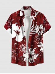 Plus Size Hibiscus Flower Tropical Leaf Print Buttons Pocket Hawaii Shirt For Men -  