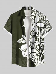 Chemise hawaïenne grande taille à imprimé feuilles d'hibiscus et boutons avec poche pour homme - Vert Armée  6XL