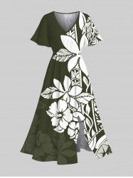 Plus Size Hibiscus Flowers Leaf Print Split Hawaii Midi Dress -  