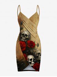 Plus Size Distressed Skull Rose Flower Print Halloween Convertible Beach Cover Up -  