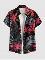 Plus Size Tropical Leaf Coconut Tree Print Hawaii Button Pocket Shirt For Men -  