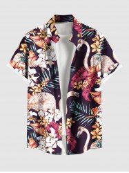 Plus Size Tropical Leaf Hibiscus Flower Flamingo Print Hawaii Button Pocket Shirt For Men -  