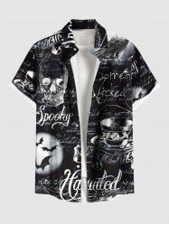Plus Size Skull Bat Letters Moon Print Halloween Button Pocket Shirt For Men -  