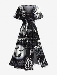 Plus Size Skull Bat Letters Moon Print Halloween Split Pocket A Line Midi Dress -  