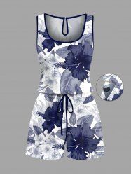 Combinaison hawaïenne cintrée grande taille à imprimé feuilles et fleurs d'hibiscus - Bleu Marine 4X