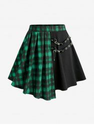 Jupe asymétrique grande taille en similicuir à rayures et œillets à carreaux et patchwork - Vert L | US 12