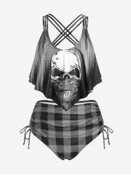 Maillot de bain tankini grande taille à motif gothique tête de mort et damier, bretelles fines et froncées. - Gris Foncé 1X