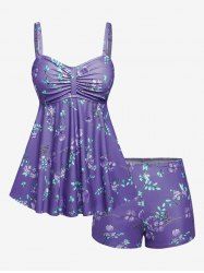 Plus Size Ruched Flower Leaves Print Boyleg Tankini Swimsuit -  