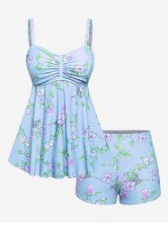 Maillot de bain tankini grande taille à imprimé floral et feuilles froncées, jambes courtes. - Bleu clair L | US 12