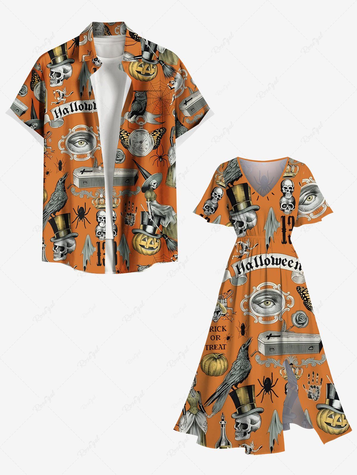 Tenue assortie grande taille pour couple, motif citrouille, crâne, hibou, toile d'araignée, papillon, horloge, aigle, imprimé Orange 