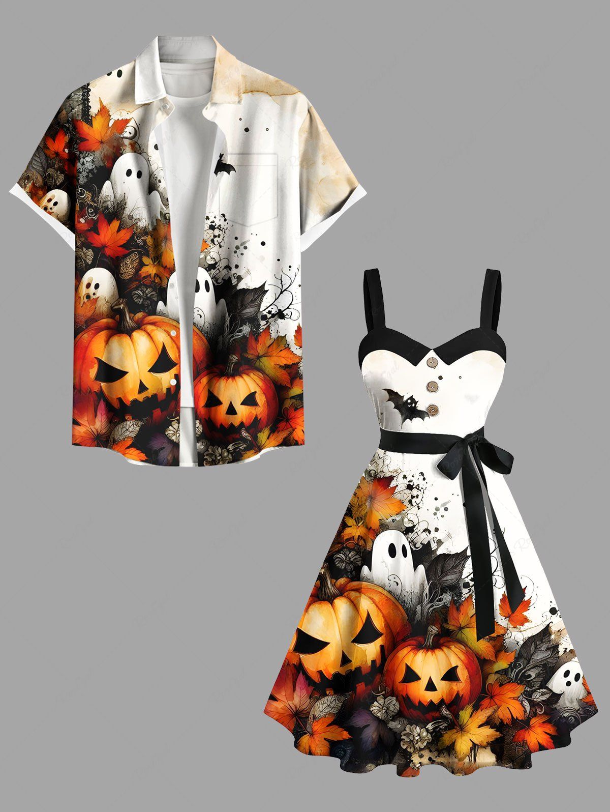 Tenue assortie grande taille pour couples, motif citrouille, fantôme, chauve-souris, feuille d'érable, imprimé Blanc 