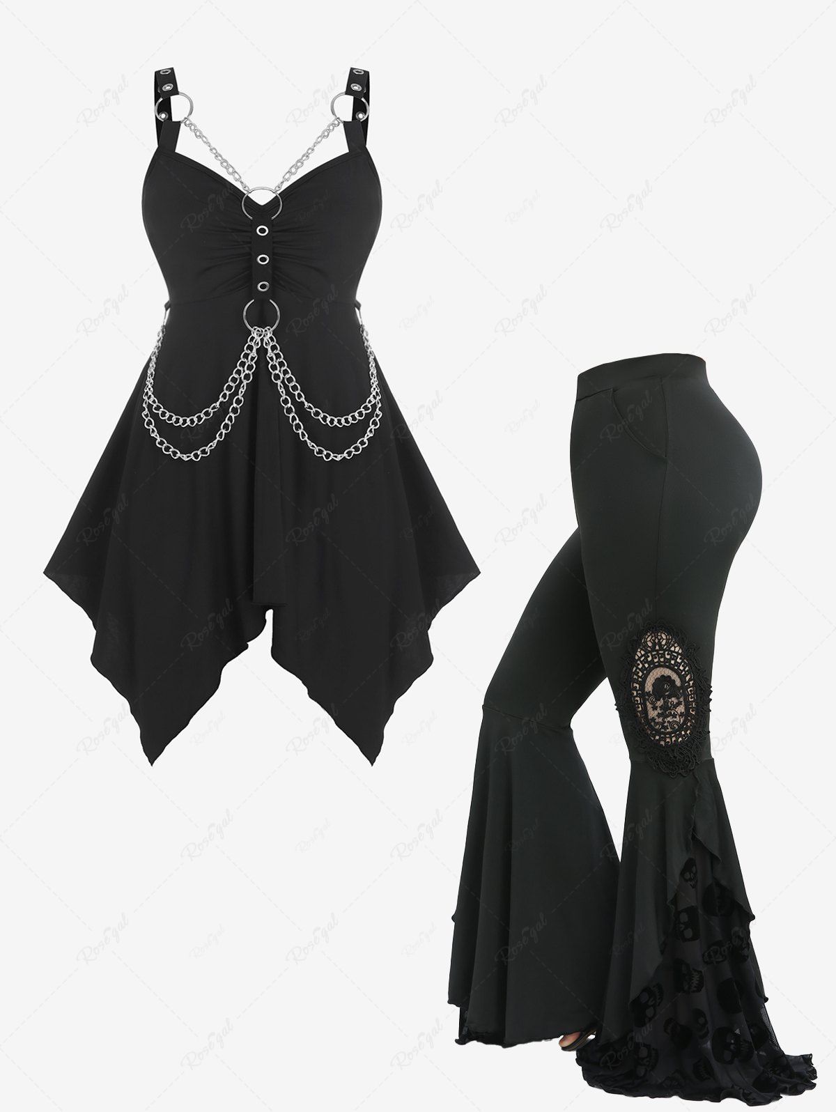 Fancy Gothic O Ring Chains Handkerchief Tank Top and Skull Flocking Appliques Flare Pants Plus Size Outfit  