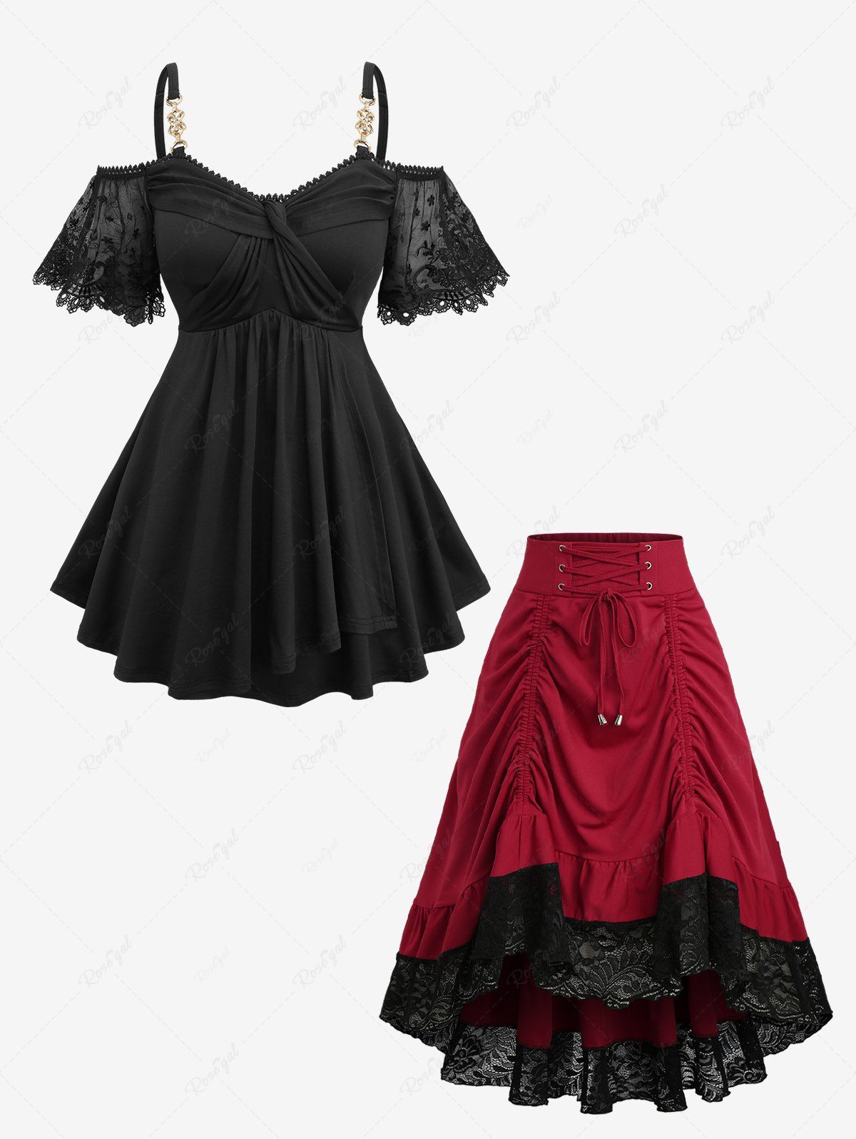 Unique Floral Lace Jacquard Embroidery Sleeve Crossover Top and Lace-up Cinched Two Tone Patchwork Skirt Plus Size Outfit  