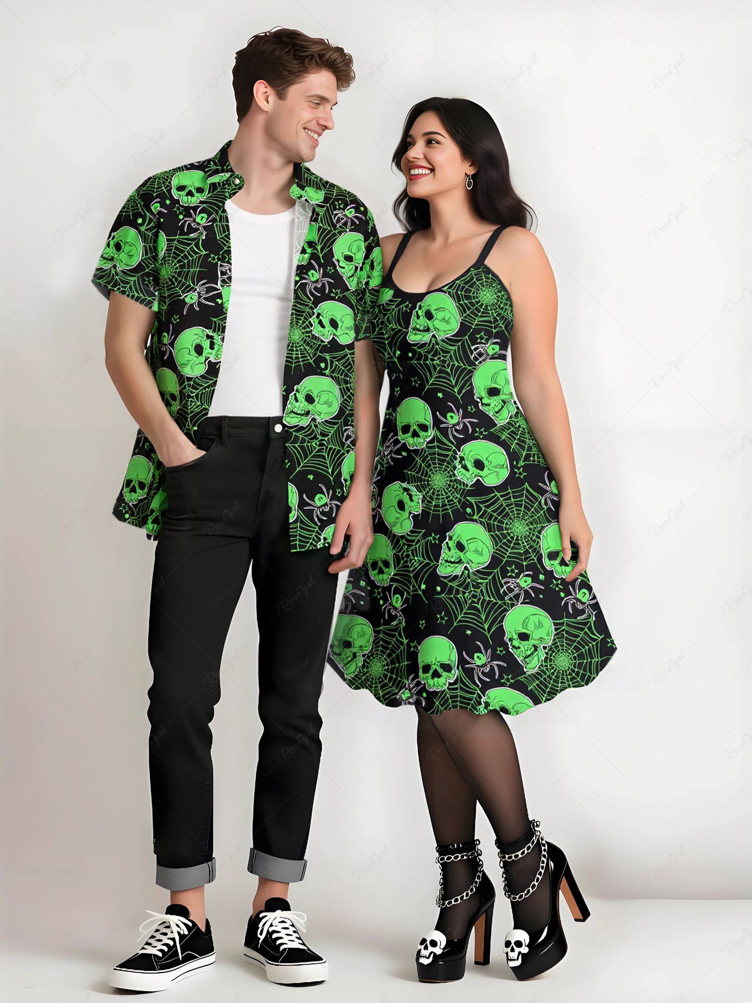 Sale Halloween Skulls Spider Web Star Print Plus Size Matching Outfit For Couples  