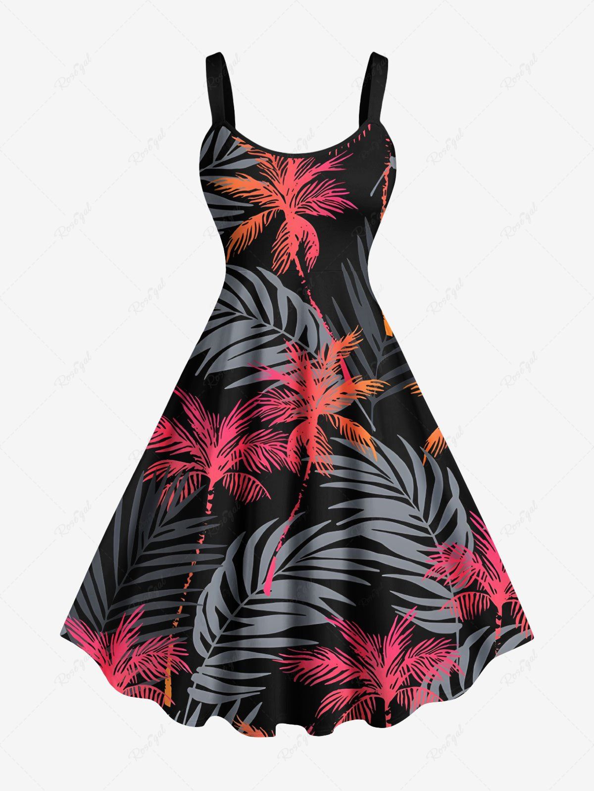 Online Plus Size Tropical Leaf Coconut Tree Print Hawaii A Line Tank Dress  