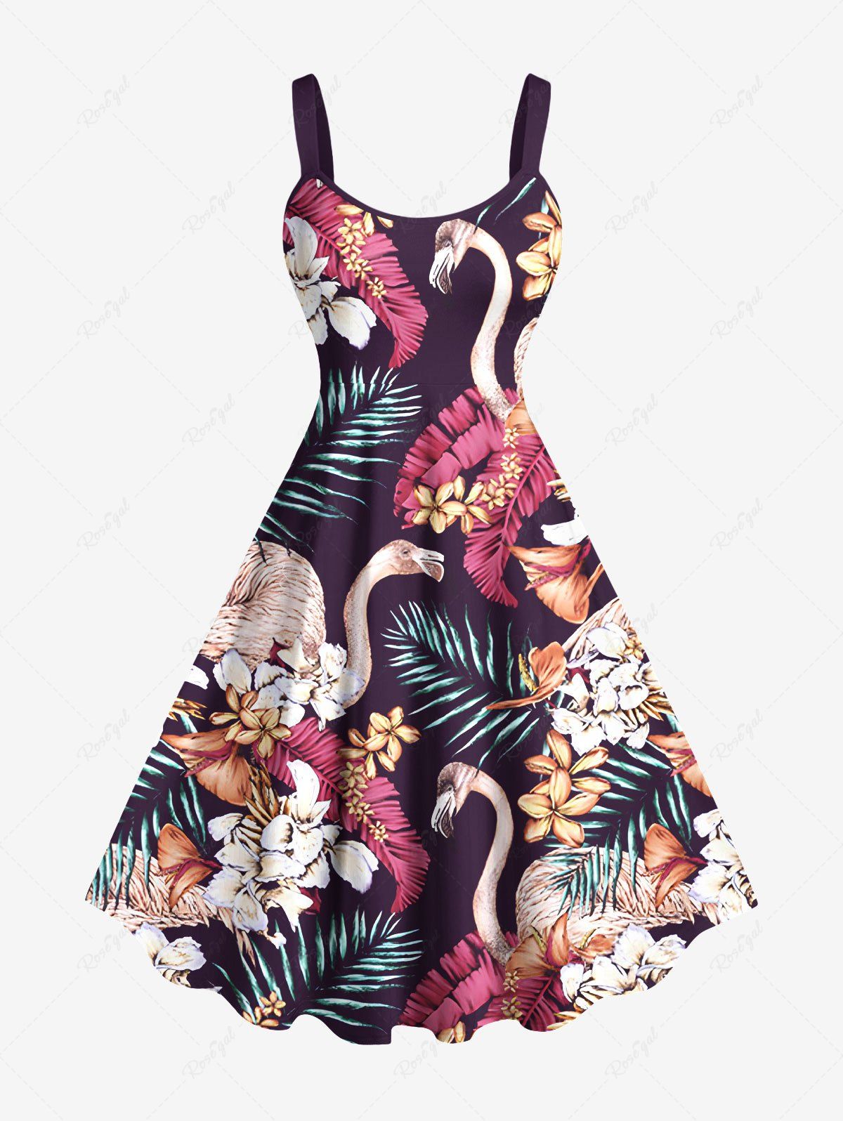 Fashion Plus Size Tropical Leaf Hibiscus Flower Flamingo Print Hawaii A Line Tank Dress  